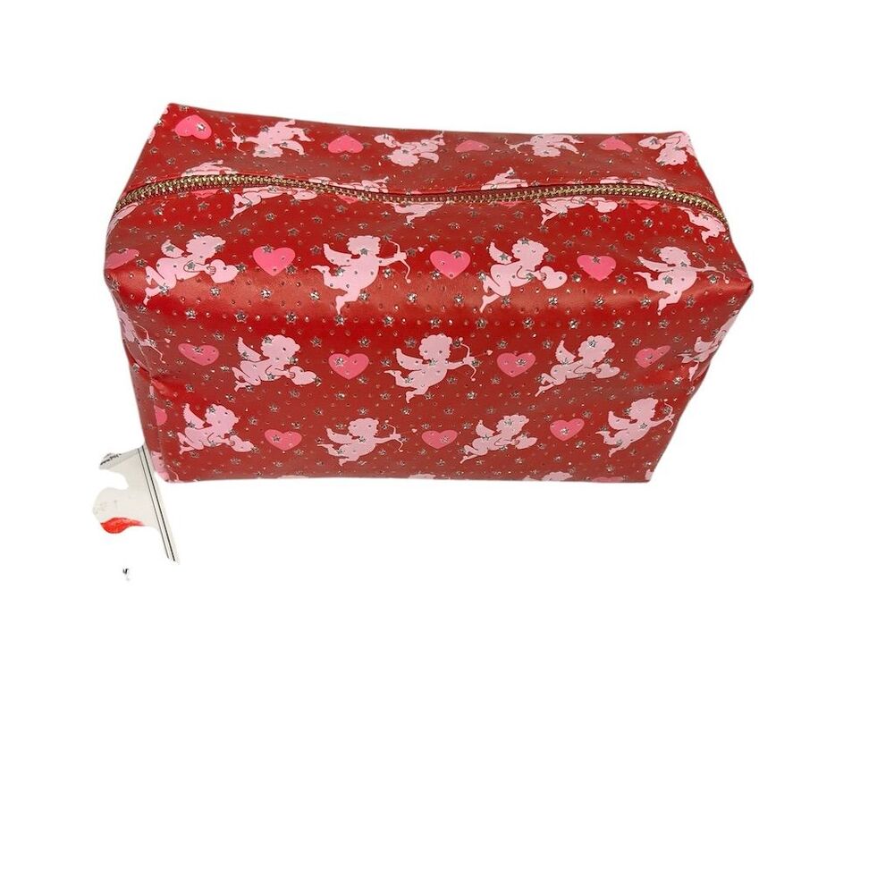 Blush Crush Cupid Design Makeup Bag Red Hearts Zipper 8"x4"